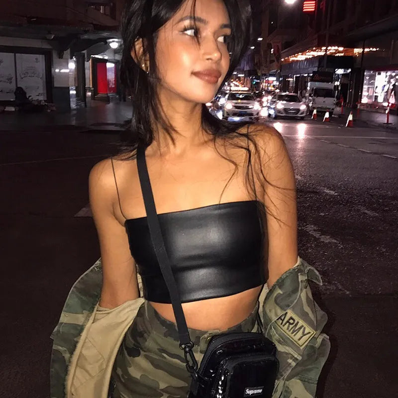 Leather Bodycon Strappy Crop Top