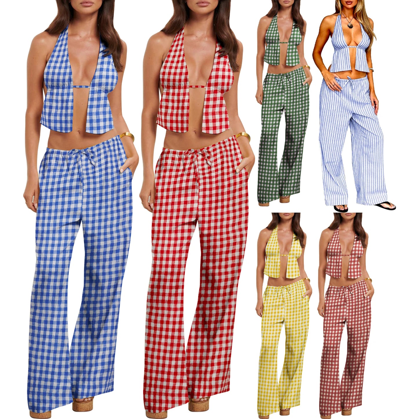 Tie-Up Halter Top + Wide-Leg Pant - 2 Piece Set