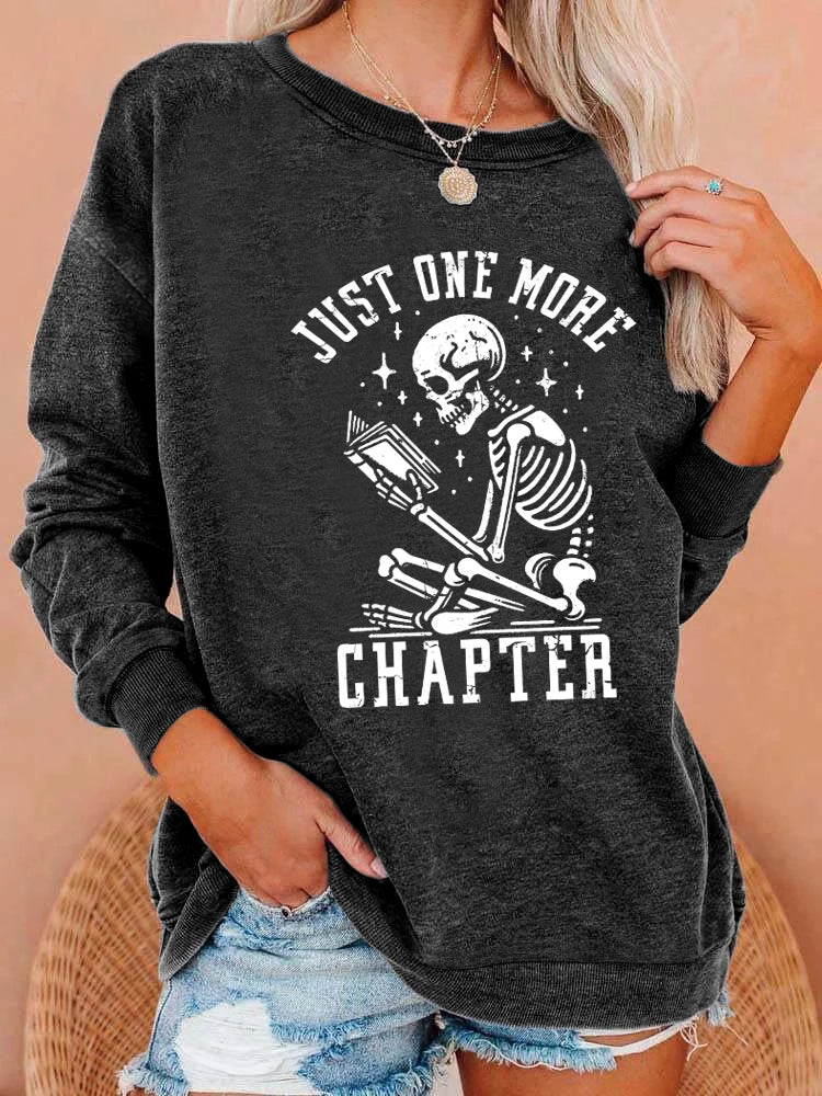 Halloween Skeleton Bookworm One More Chapter Crew Neck Sweatshirt