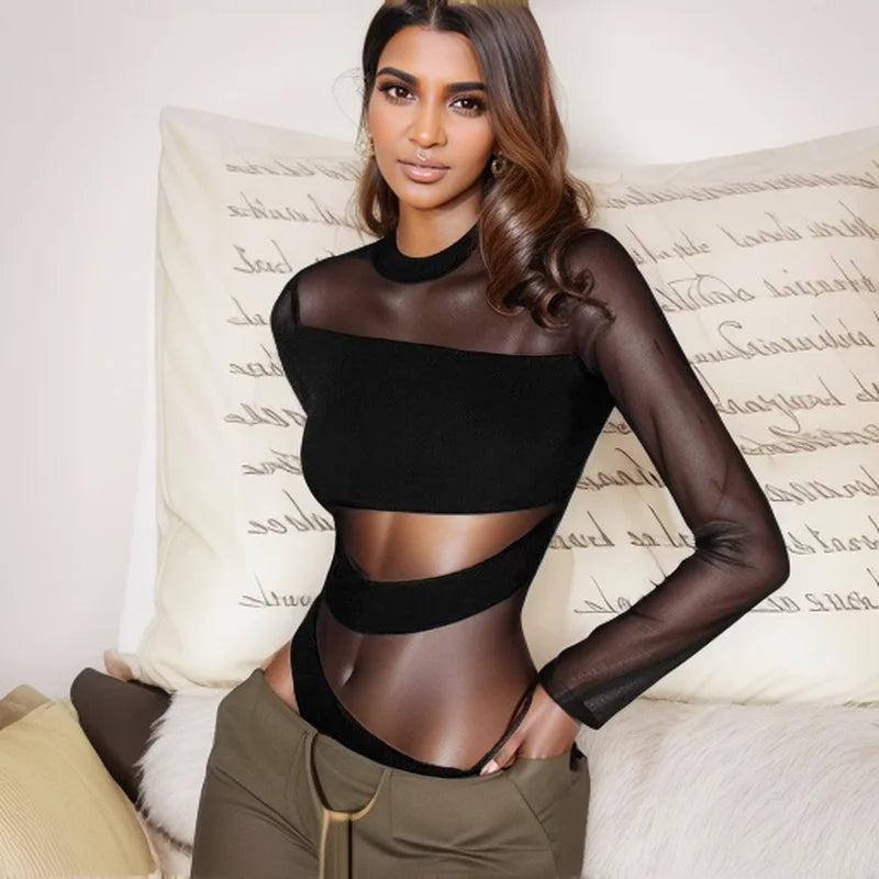 Cut Cross Hollow Mesh Long-Sleeved Diagonal Jumpsuit