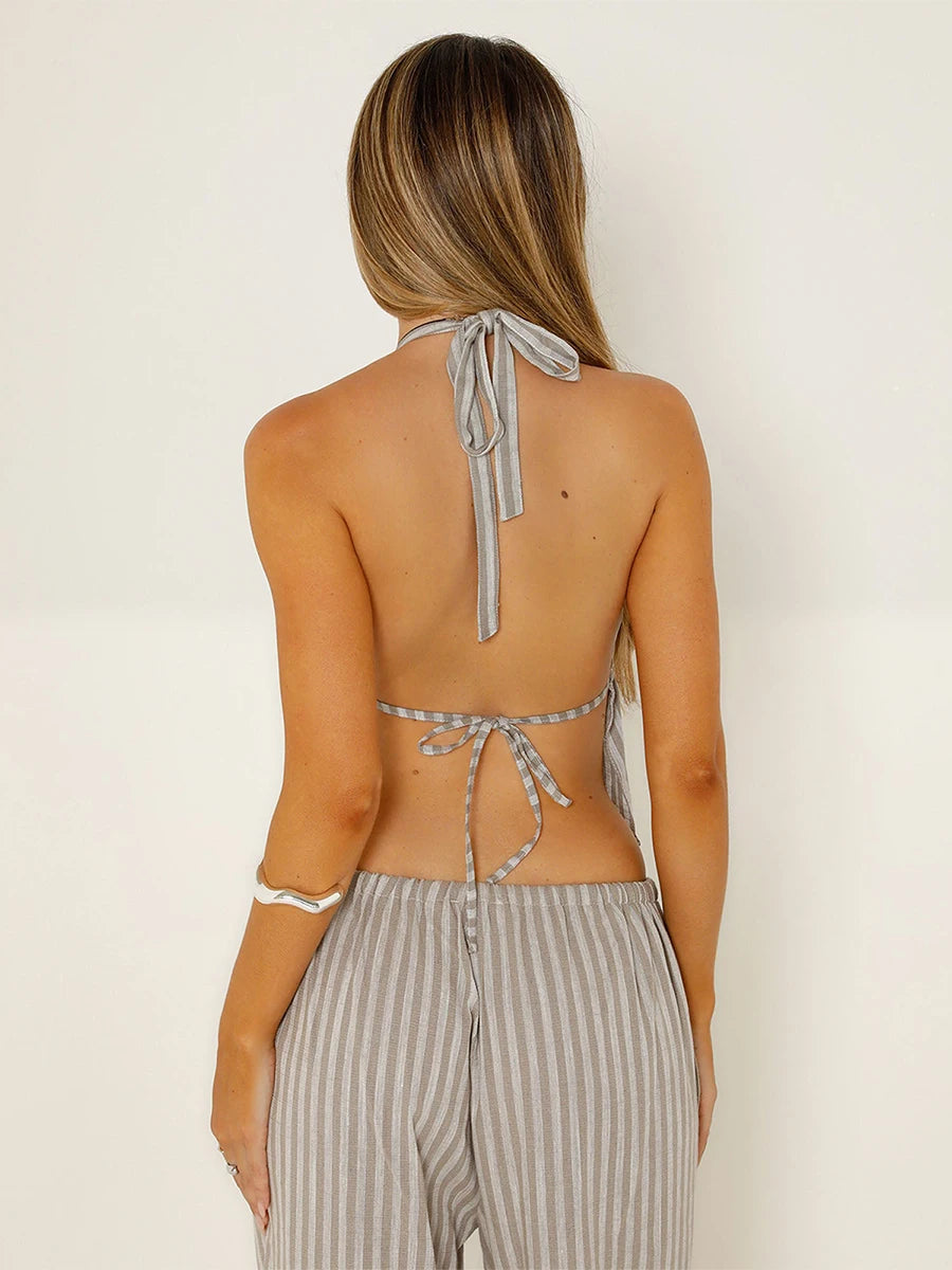 Tie-Up Halter Top + Wide-Leg Pant - 2 Piece Set