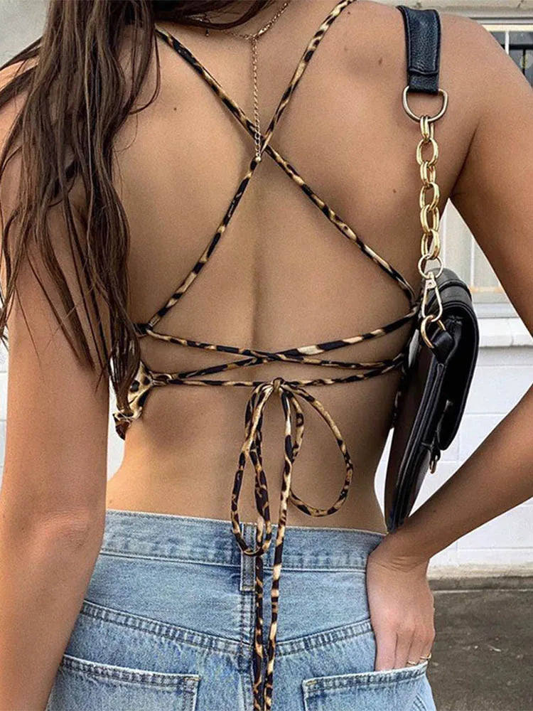 Leopard Backless Lace Up Bralette