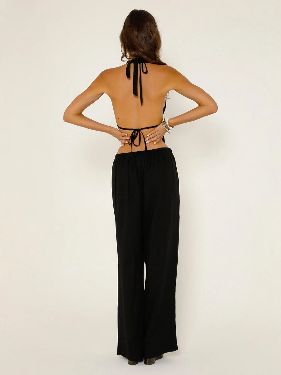 Tie-Up Halter Top + Wide-Leg Pant - 2 Piece Set