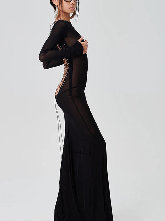 See Through Bodycon Long Sleeve Mesh Sheer Maxi Dress